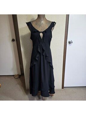 Doe & Rae Medium Womens Black Ruffle Midi Dress Sleeveless Tie Front Back Zip